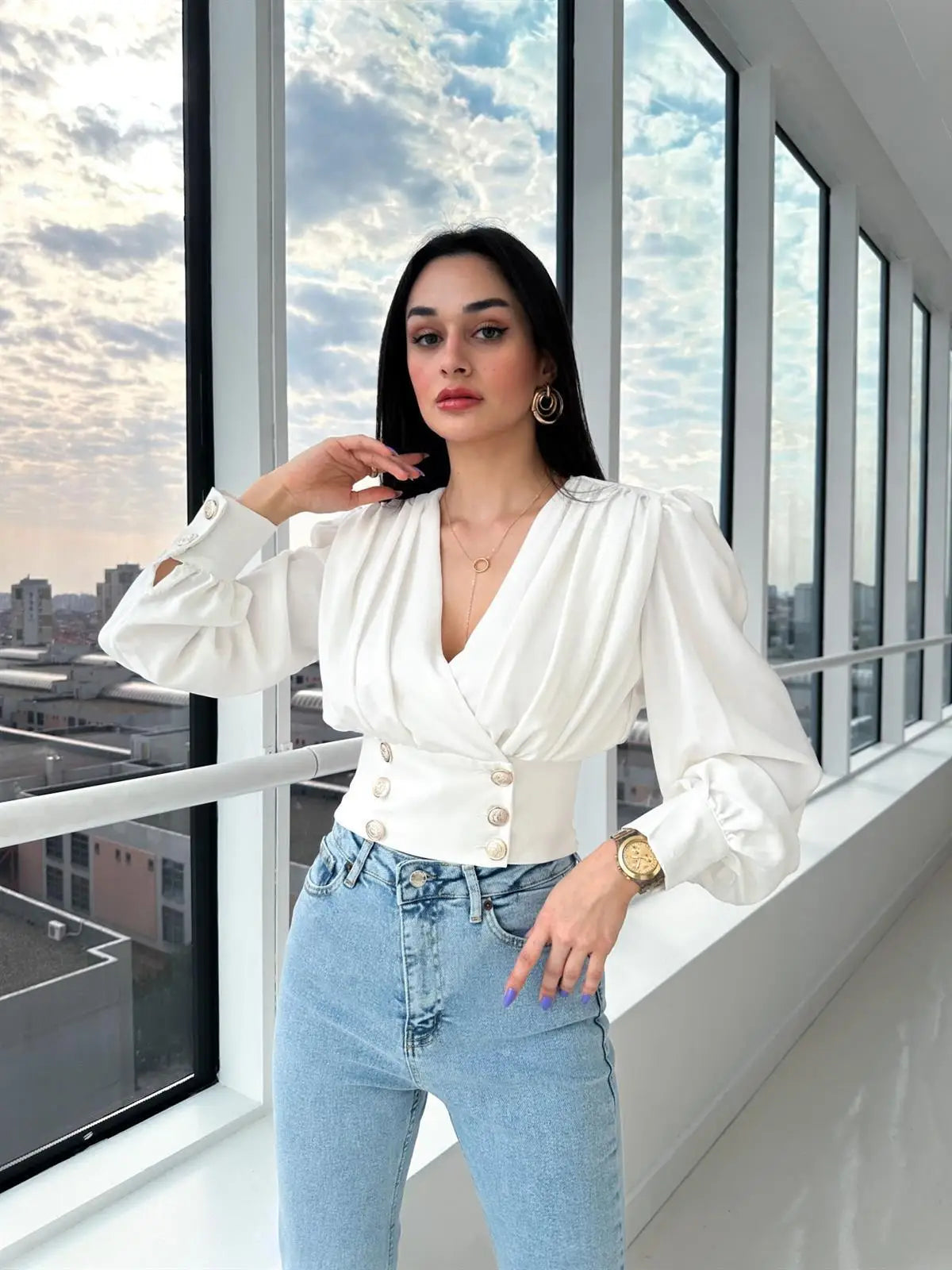 Women's Sexy V-neck Long Sleeved Short Waist Wrapped Bubble Sleeve Solid Shirt