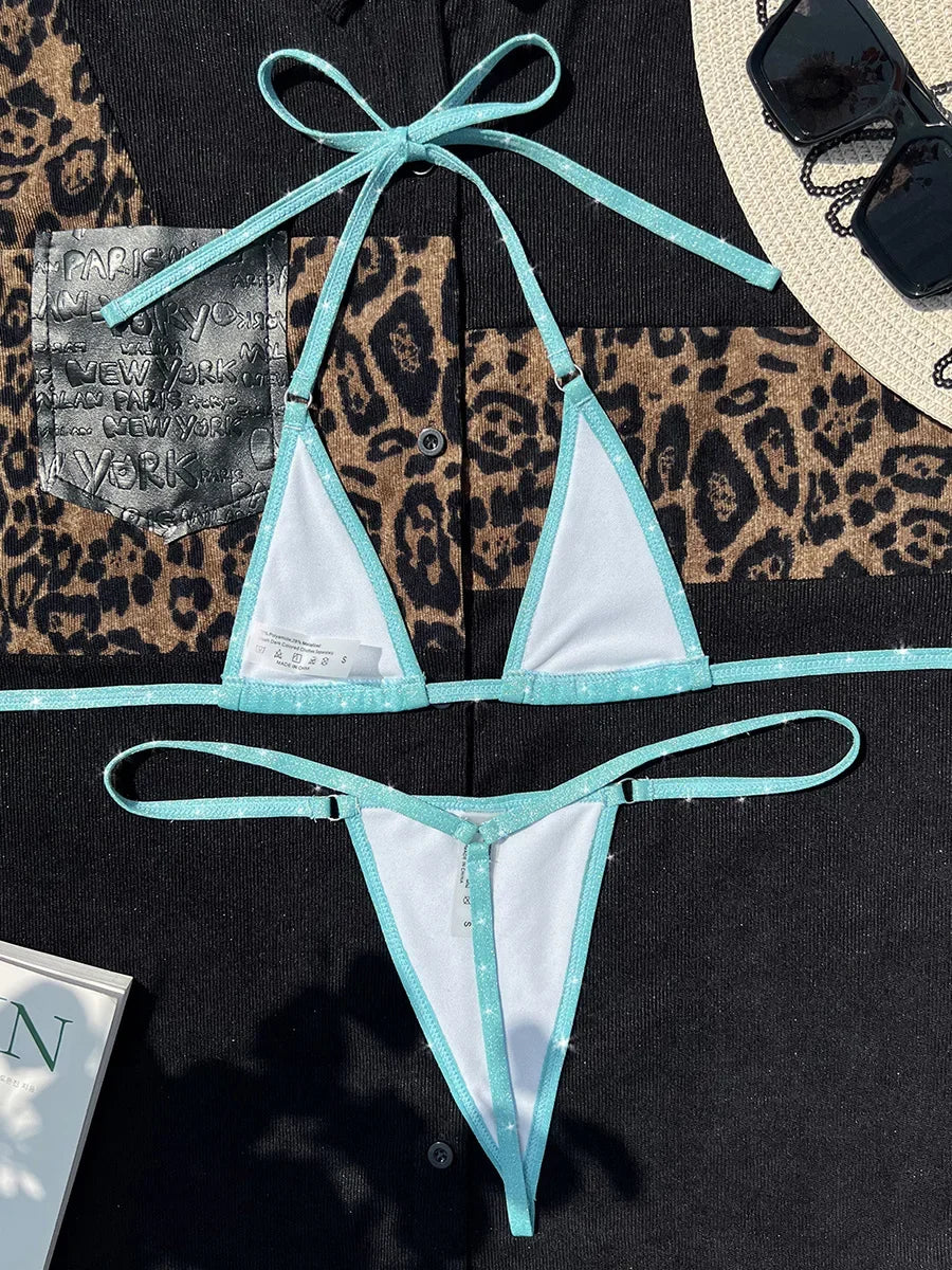 Shiny PU Leather Extreme Mini Micro String Bikini Female Swimsuit Women Swimwear Two-pieces Bikini set Halter Bathing Suit Swim