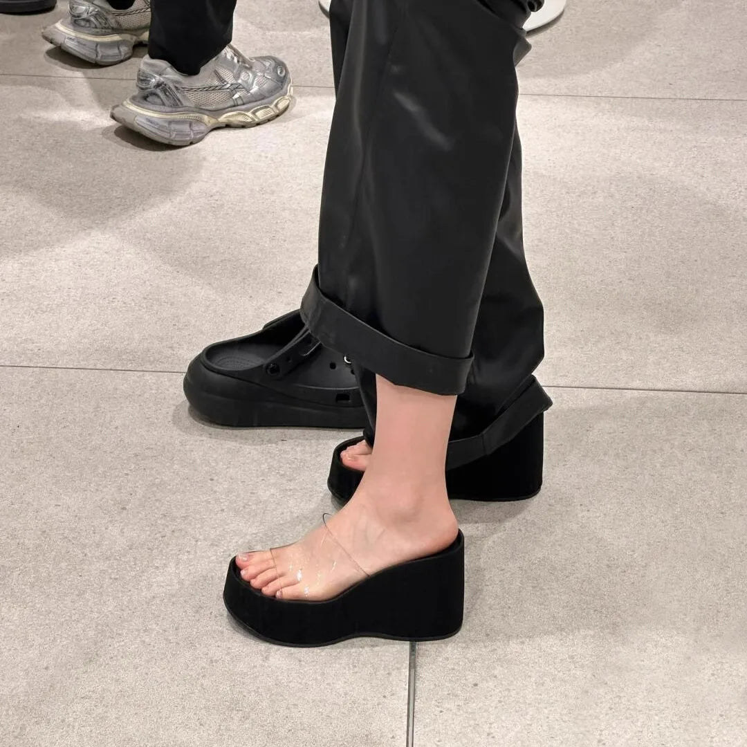 Thick Heel Platform Sandals Women's Summer Casual round Head PVC Material Beach Slippers Transparent Strap Casual Slip-On Shoes