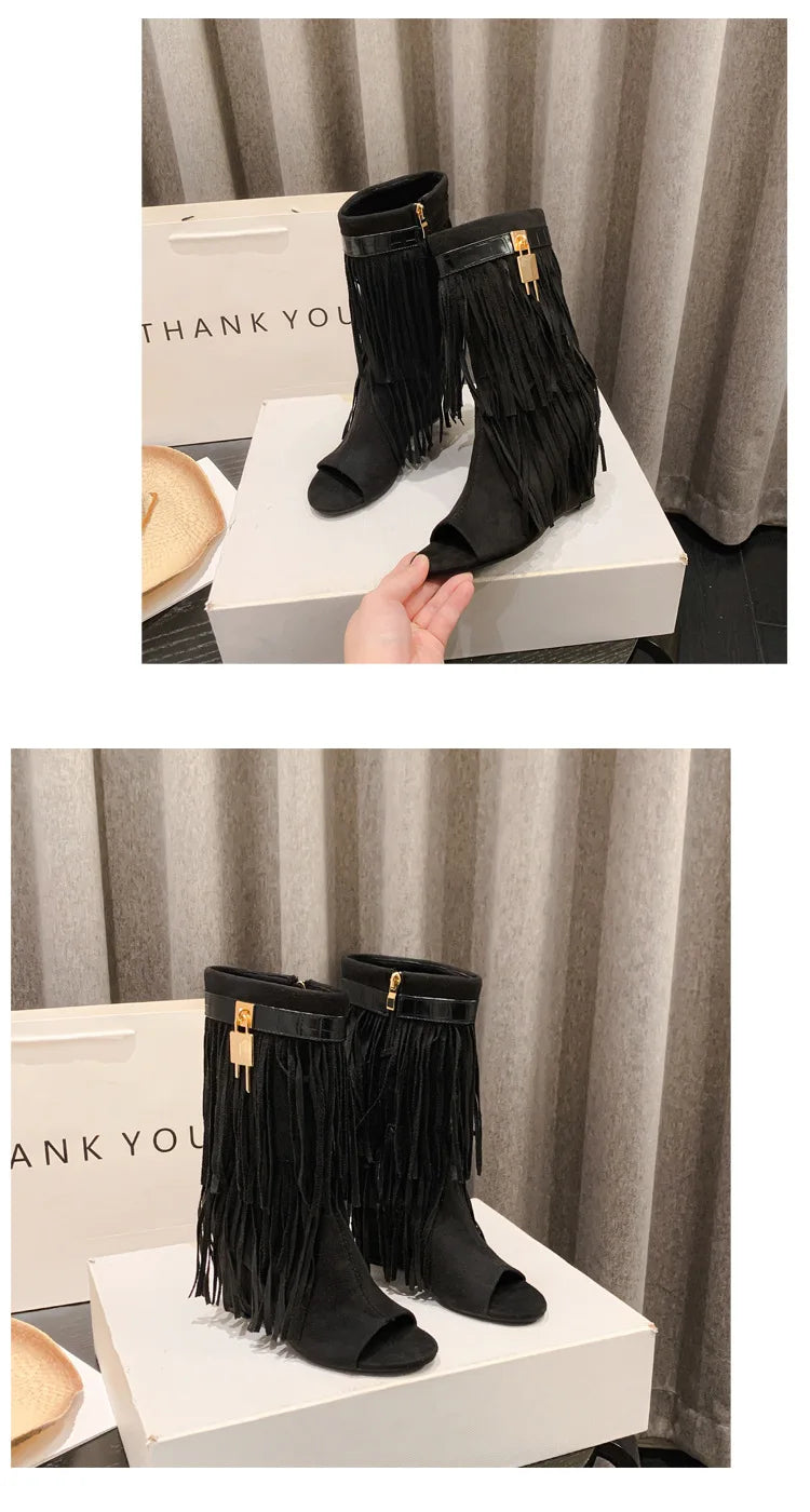 Designer Fringe Wedges Boot Sandals Woman High Heels Open Toe Party Prom Shoes Sexy Zipper Female Pumps Women Boots