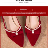 Women's Chunky Heel Pointed Toe Slip-On Shoes Wedding Dress Two-Way Wear Pearl Red Bridal Shoes Spring Autumn New Style