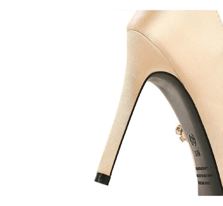 Elegant French Style High Heels Women's Satin Pointed Toe Shoes with Water Diamond Decoration Thin Heel Single Shoes