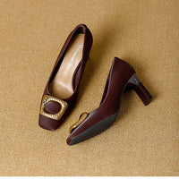 Basic Shallow Square Toe Women Pumps High Quality PU Leather Matte Thick Heel Office Shoes Woman Maroon 7CM High Heels
