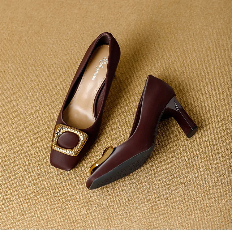 Basic Shallow Square Toe Women Pumps High Quality PU Leather Matte Thick Heel Office Shoes Woman Maroon 7CM High Heels