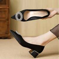 Soft Leather Black Pointed Toe Work Shoes Spring Autumn New Style Comfortable Thick Heel Professional Soft Bottom Shoes