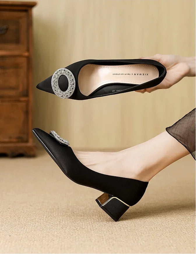 Soft Leather Black Pointed Toe Work Shoes Spring Autumn New Style Comfortable Thick Heel Professional Soft Bottom Shoes
