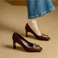 Basic Shallow Square Toe Women Pumps High Quality PU Leather Matte Thick Heel Office Shoes Woman Maroon 7CM High Heels