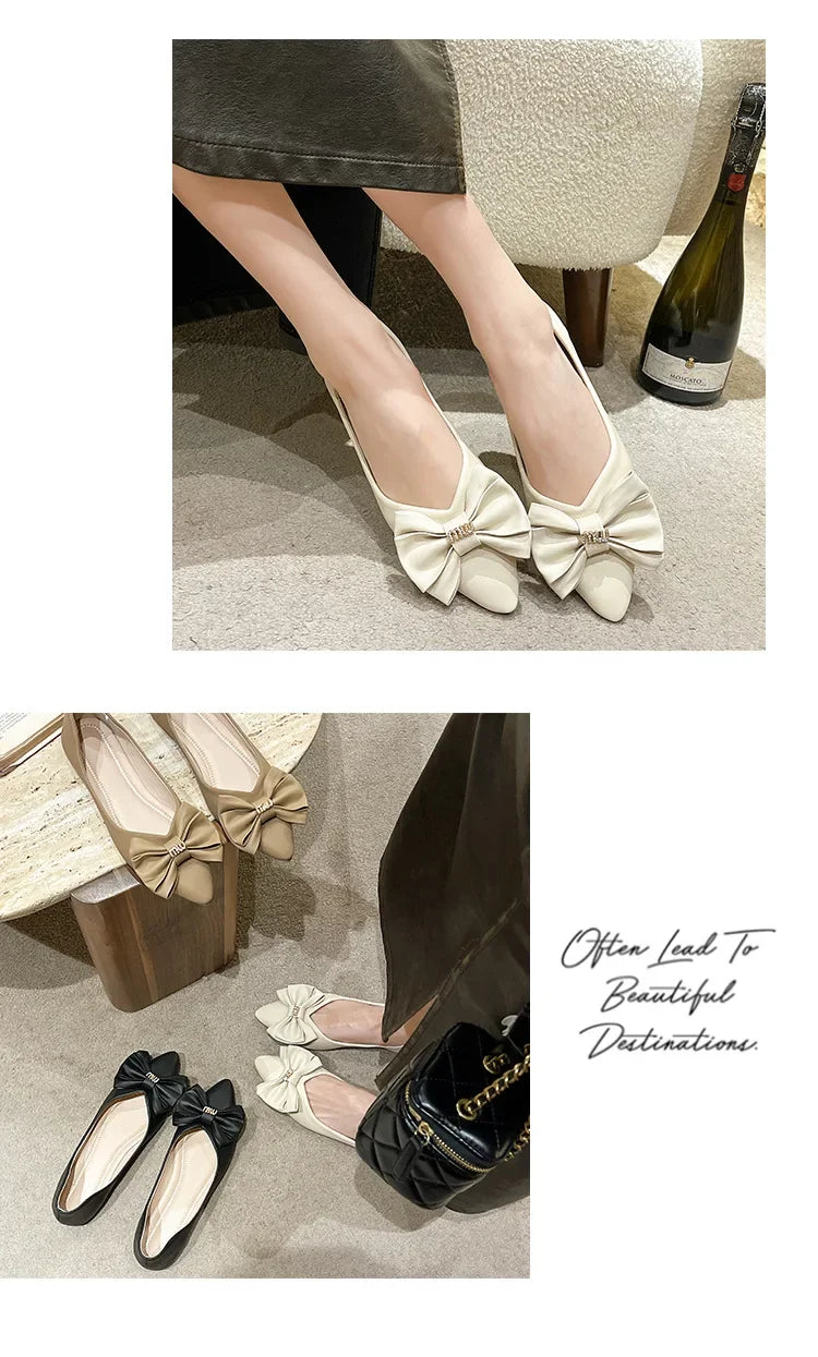 Soft Bottom Flat Casual Women's Shoes Butterfly Knot Slip-On Simple Design Shoes  Synthetic Leather