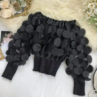 Fashion Women's Shirt Floral Pattern Shirred Sheer Mesh Patch Long Sleeve Off The Shoulder Gigot Sleeve Top