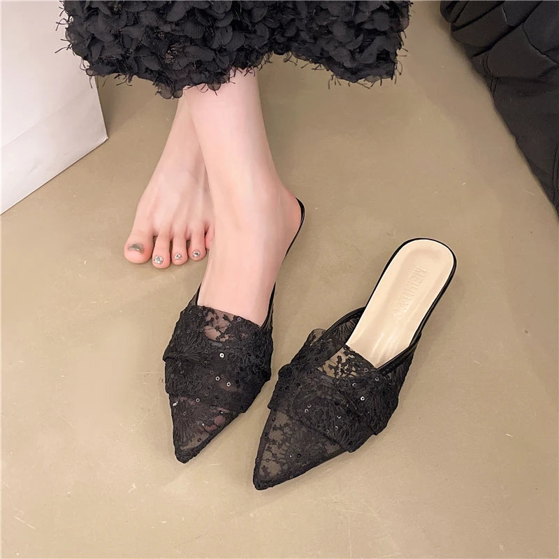 French-style Lace Toe Half-toe Sandals for Women Worn on Top with A Pair of Mesh Tulle High-heeled Slippers - Natalia Home Fashion