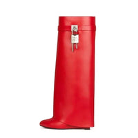 Knee-length Zipper Boots for Women, Thick Soles Metal Decoration Shoes, Shark Lock, High Heels, Designer Fashion Brand - Natalia Home Fashion