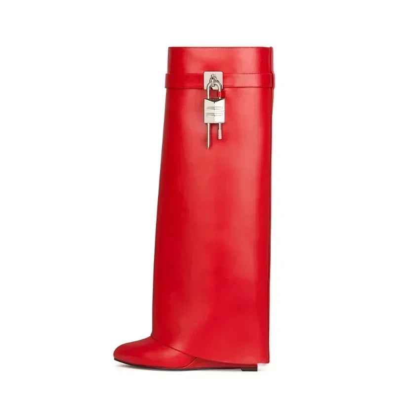 Knee-length Zipper Boots for Women, Thick Soles Metal Decoration Shoes, Shark Lock, High Heels, Designer Fashion Brand - Natalia Home Fashion