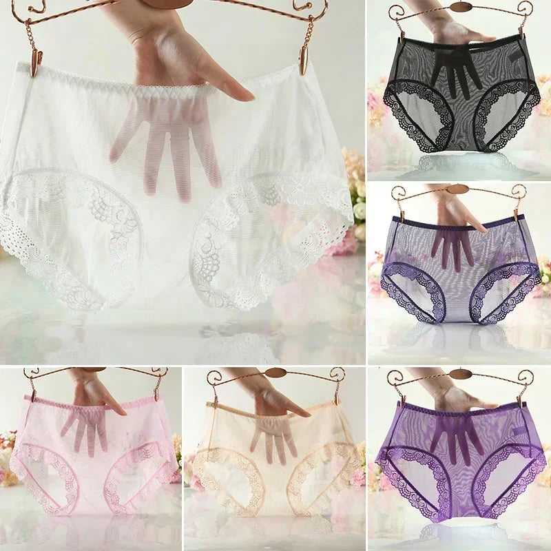 Sexy Women's Transparent Briefs Solid Color Ultra-Thin Mesh Seamless Lace Edge Underpants Underwear Panties Briefs Female