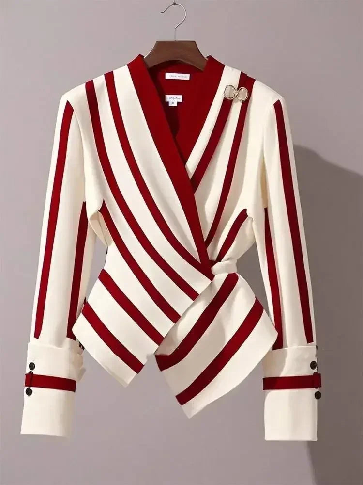 High end Luxury Long Sleeve Shirt for Women Unique Chic Korean Style V-neck Striped Blouse Women Tops Natalia Home Fashion    Natalia Home Fashion