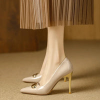 French Style Single Shoes Spring Women Pumps New Pointed Toe Shallow Mouth Metallic Buckle Commuting Shoes Stiletto Single Shoes