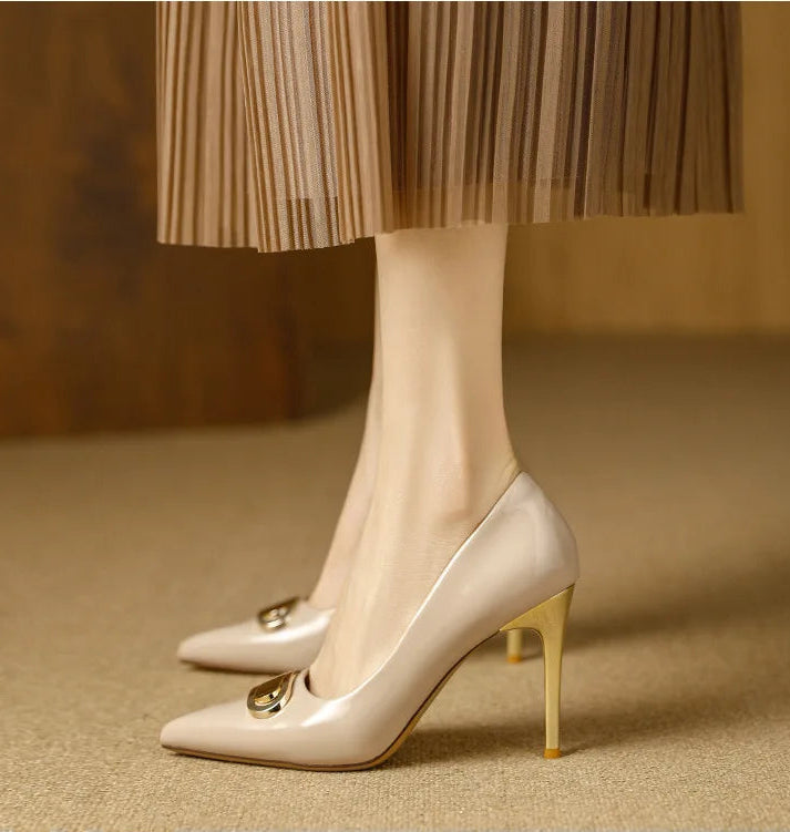 French Style Single Shoes Spring Women Pumps New Pointed Toe Shallow Mouth Metallic Buckle Commuting Shoes Stiletto Single Shoes