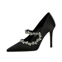 Elegant French Style High Heels Women's Satin Pointed Toe Shoes with Water Diamond Decoration Thin Heel Single Shoes
