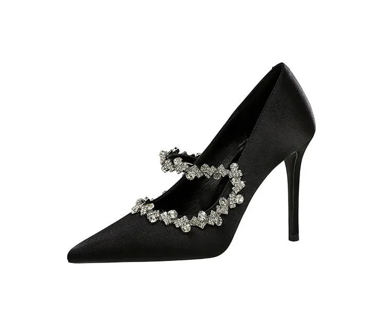 Elegant French Style High Heels Women's Satin Pointed Toe Shoes with Water Diamond Decoration Thin Heel Single Shoes