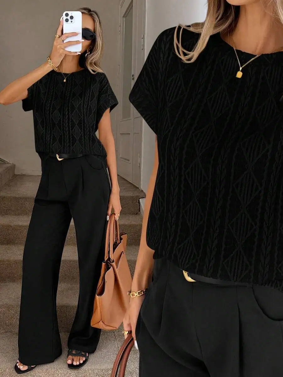 Women's Casual Round Neck Jacquard Short Sleeve Top T-shirt Leisure Commute Women Clothing