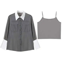 Sunscreen Shirt With Sling Top Women Lapel Single Breasted Long Sleeves Stitching Loose Clothes