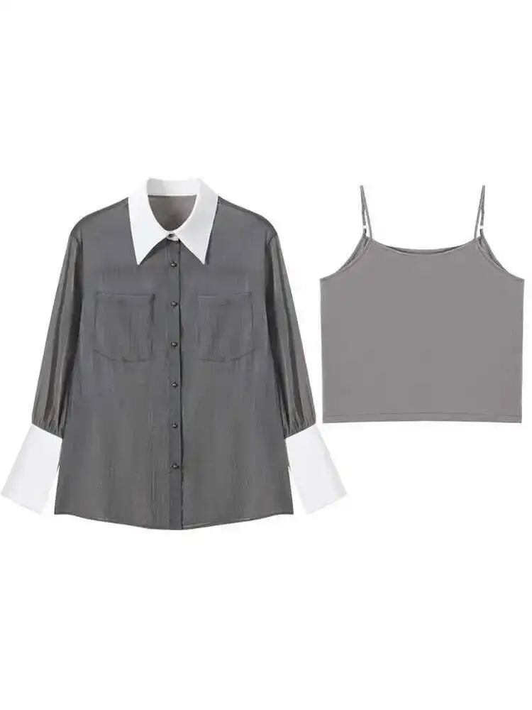 Sunscreen Shirt With Sling Top Women Lapel Single Breasted Long Sleeves Stitching Loose Clothes