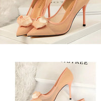 Women's Sexy Nightclub Pole Dancing Show Thin Heels High Mesh Hollowed Out Satin Rose Flower Woman Pumps