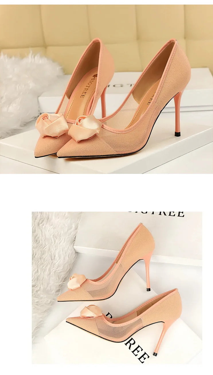 Women's Sexy Nightclub Pole Dancing Show Thin Heels High Mesh Hollowed Out Satin Rose Flower Woman Pumps