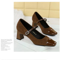 Leopard Print Women Pumps Suede Middle Heel Shoes Sexy Mary Jane Shoes Rhinestone Buckle Ladies Shoe Square Head