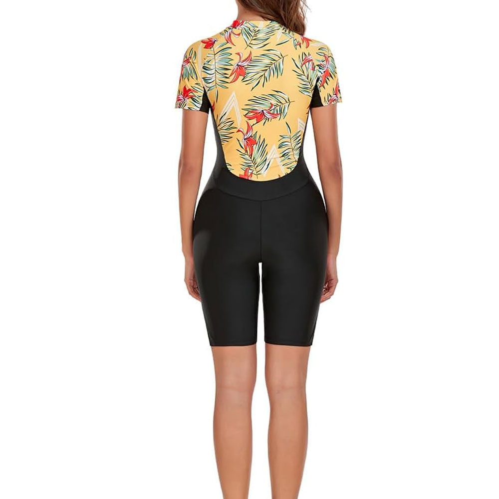 Swimwear Women O Neck Half Zipper Beachwear Printed Spliced Bathing Suit Short Sleeve Bodysuit Summer