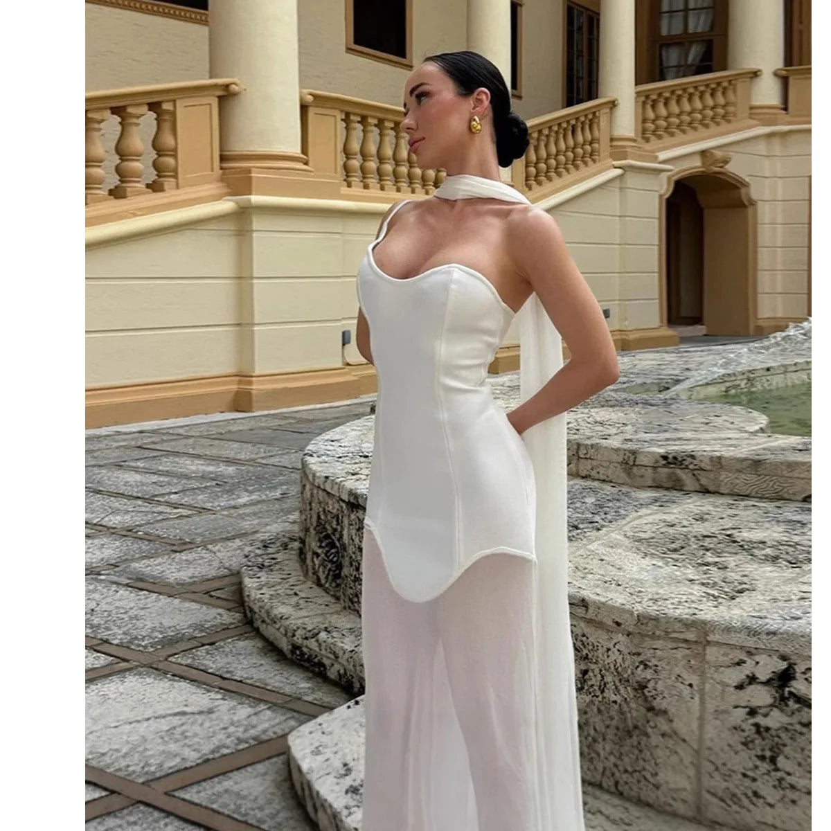 Elegant High Elasticity Mesh Long Skirt Evening Dress Women's Gown Fashionable Wrap Style Bodycon Design Knitted Fabric
