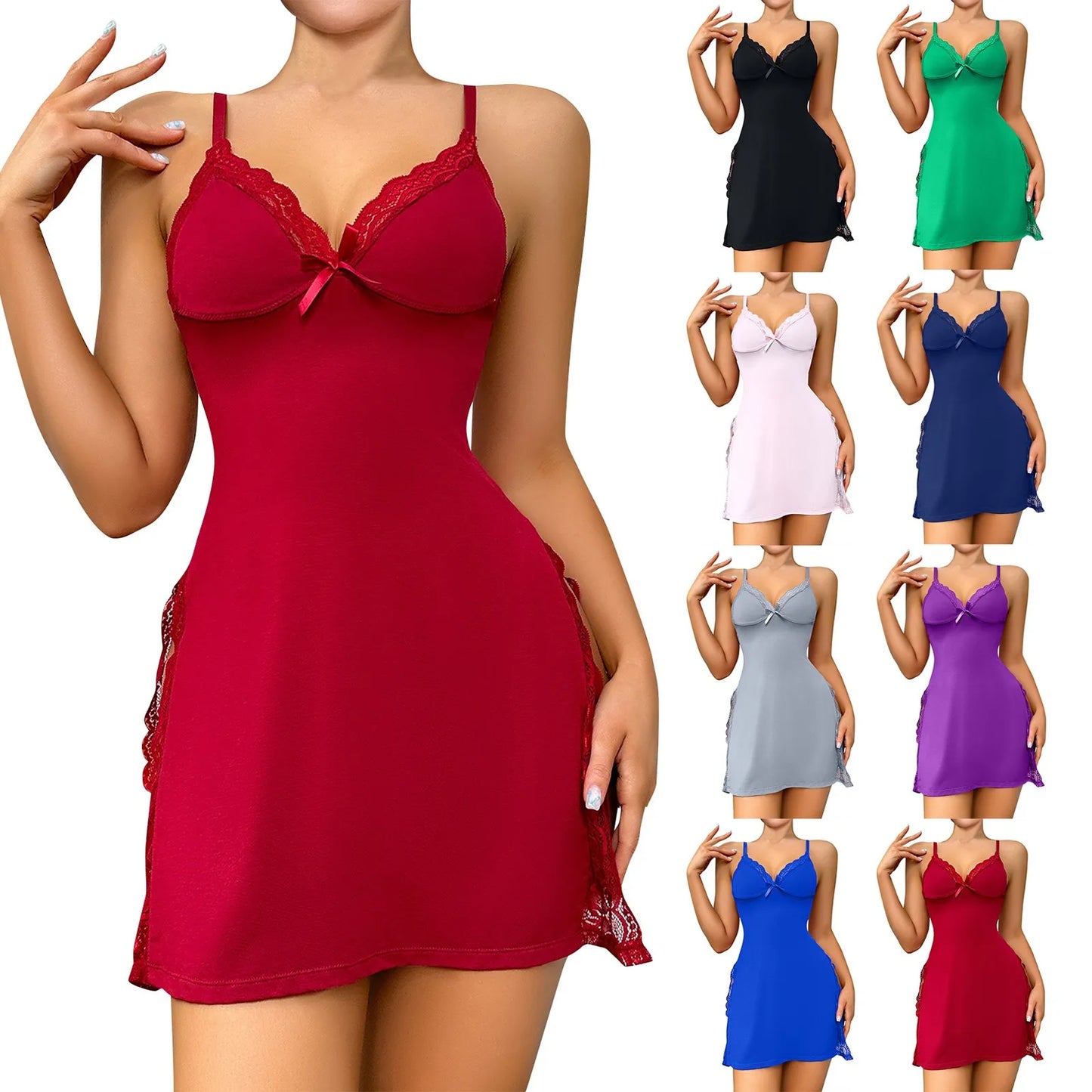 Women Lace Patchwork Sexy Slip Dress With Butterfly Decoration And Side Slit Contrast Lace Ruffle Hem Night Dress