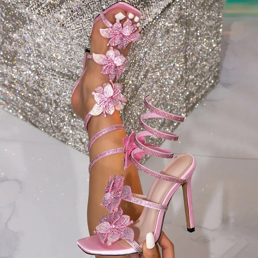 Crystal Flower Ankle Strap Women Sandals Sexy Thin High Heels Open Toe Stripper Party Ladies Shoes
