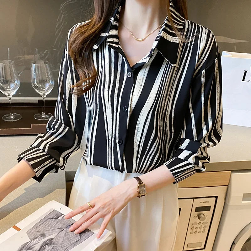 High-End Elegant Fashionable Casual Striped Long Sleeve Versatile French Style Lapel Chiffon Shirt Women's Clothing