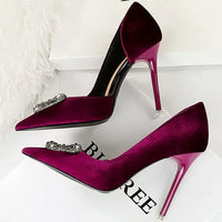 Women 10.5cm Super High Heels Pointed Toe Side Hollow Work Pumps Metal Crystal Buckle Velvet Stiletto Fashion Banquet Lady Shoes