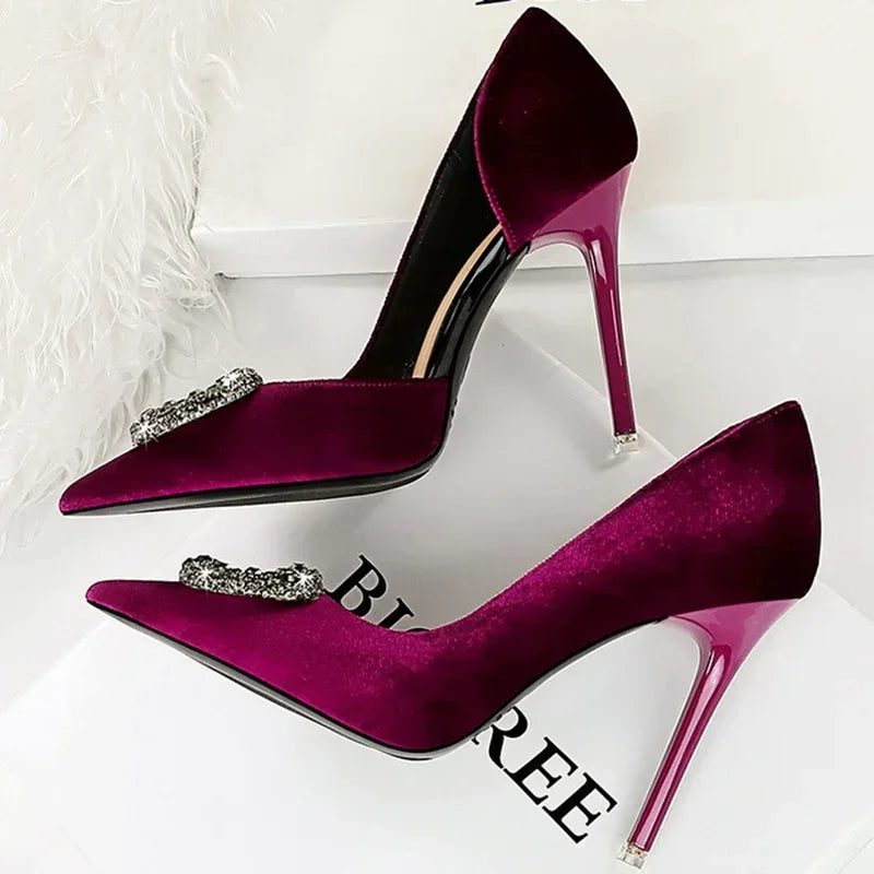 Women 10.5cm Super High Heels Pointed Toe Side Hollow Work Pumps Metal Crystal Buckle Velvet Stiletto Fashion Banquet Lady Shoes