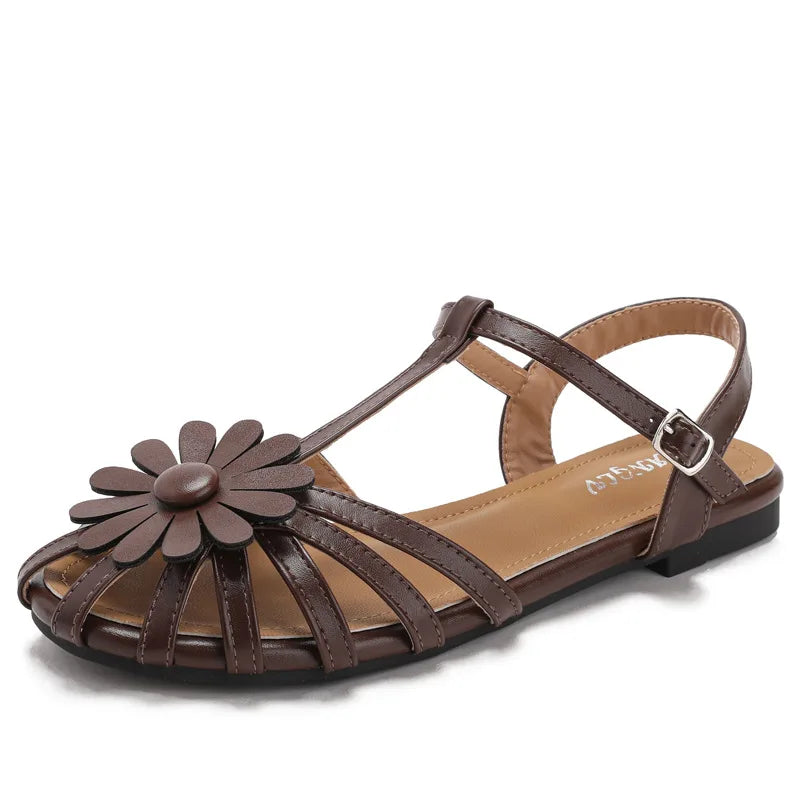 Elegant Fashion Roman Round Head Flat Sandals Women Woven Hollow Sandals Female Closed Toe Summer Ladies Shoes