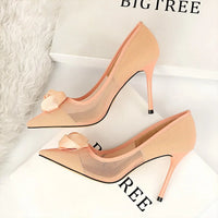 Women's Sexy Nightclub Pole Dancing Show Thin Heels High Mesh Hollowed Out Satin Rose Flower Woman Pumps