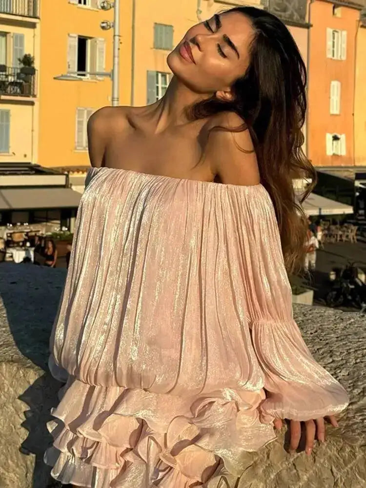 LGRQ 2026 Summer Women Dress Romantic French-style Lantern Sleeves Off-shoulder Mermaid Dress With Shiny Silk Unique Design Natalia Home Fashion    Natalia Home Fashion