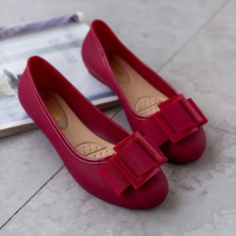 Jelly Flat Shoes Lady Waterproof Bow Tie Flats Cute Sweet Shoes Women Fashion Comfortable Soft