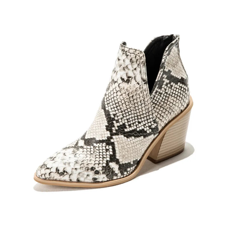 Boots Women Ankle Leopard Mid Heel Shoes Female Slip-On Casual Black Square Heel Booties