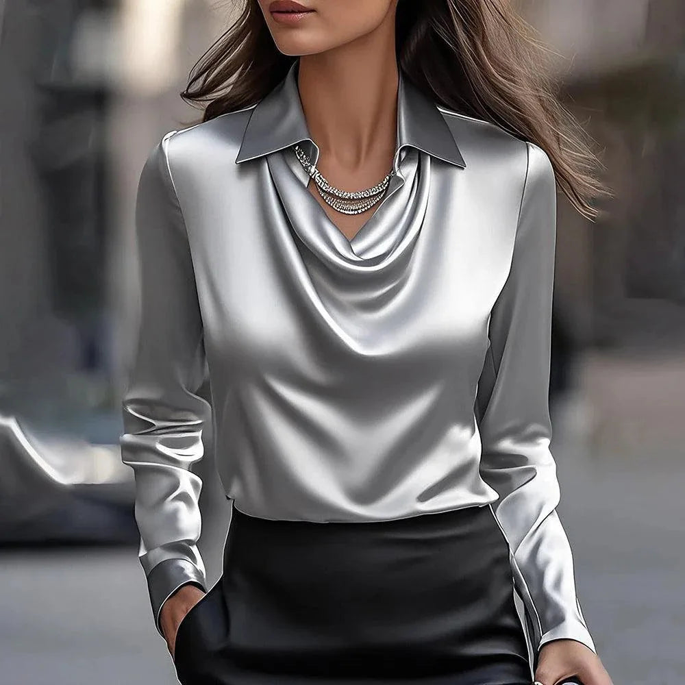 Elegant Simple Shirt Collar Women's Top Independent Polyester Lycra Blend Long Sleeve