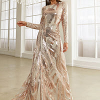 Round Neck Long Sleeved Sequin A Line Evening Dress Banquet Prom Maxi Wedding Bride Dress