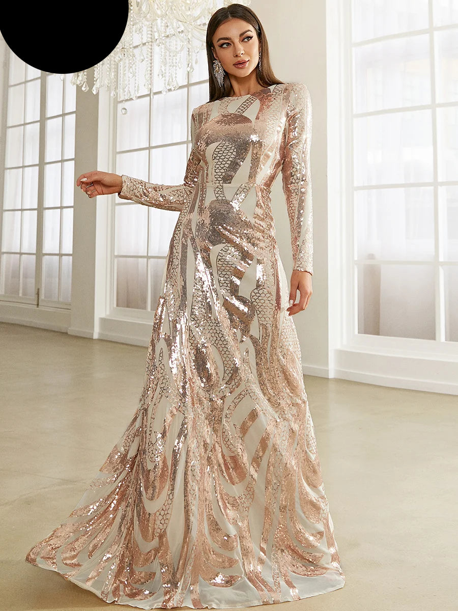 Round Neck Long Sleeved Sequin A Line Evening Dress Banquet Prom Maxi Wedding Bride Dress