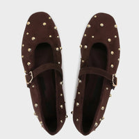 Round Toe Rivets Women Mary Jane Shoes Brown Faux Suede Metal Belt Non-slip Soft Sole Retro Design Ladies Flats