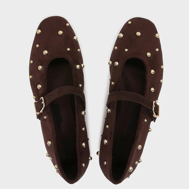 Round Toe Rivets Women Mary Jane Shoes Brown Faux Suede Metal Belt Non-slip Soft Sole Retro Design Ladies Flats