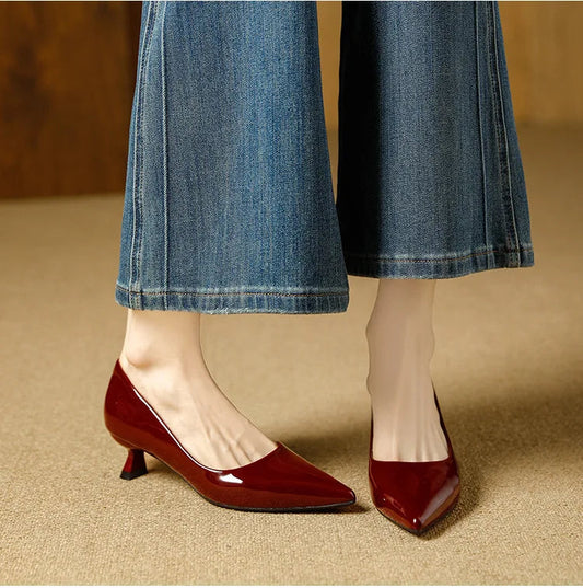 Fashion Women Pumps French Style Vintage Solid Color Shallow Mouth Single Shoes 5CM High Heels Patent Leather Ladies Shoes Natalia Home Fashion    Natalia Home Fashion