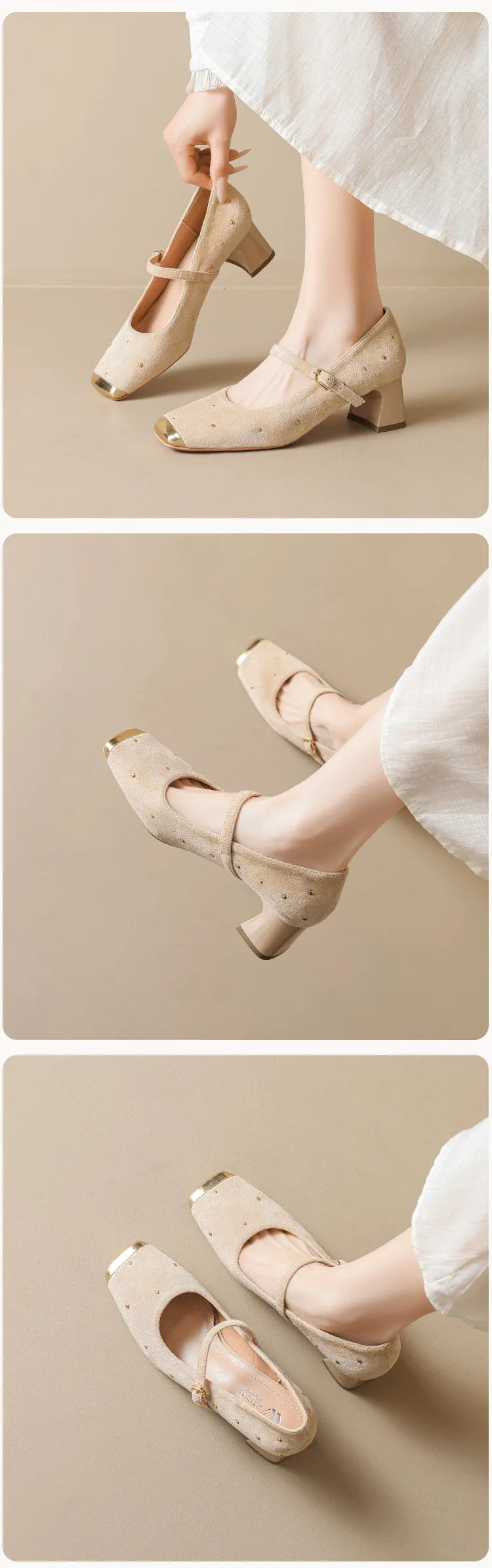 Retro Square Head Mary Jane Shoes Women Comfortable Slip-On High Heels Casual Velvet Upgraded Rubber Sole