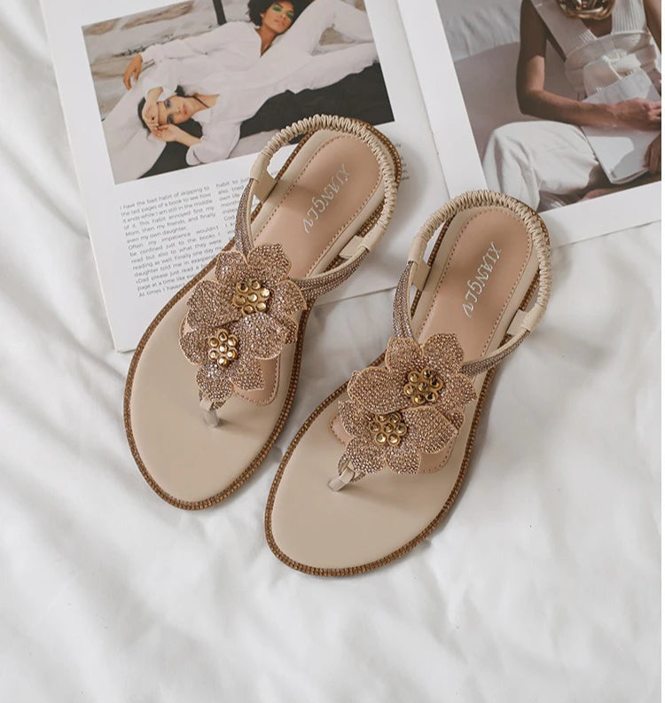 Womens Bohemian Floral Rhinestone Sandals Elegant Crystal Flower Décor Elastic Ankle Strap Soft Cushioned Insole Non Slip Sole