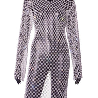 Sexy see through Rhinestone summer dress woman Fishnet club birthday mini dress long sleeve short dresses