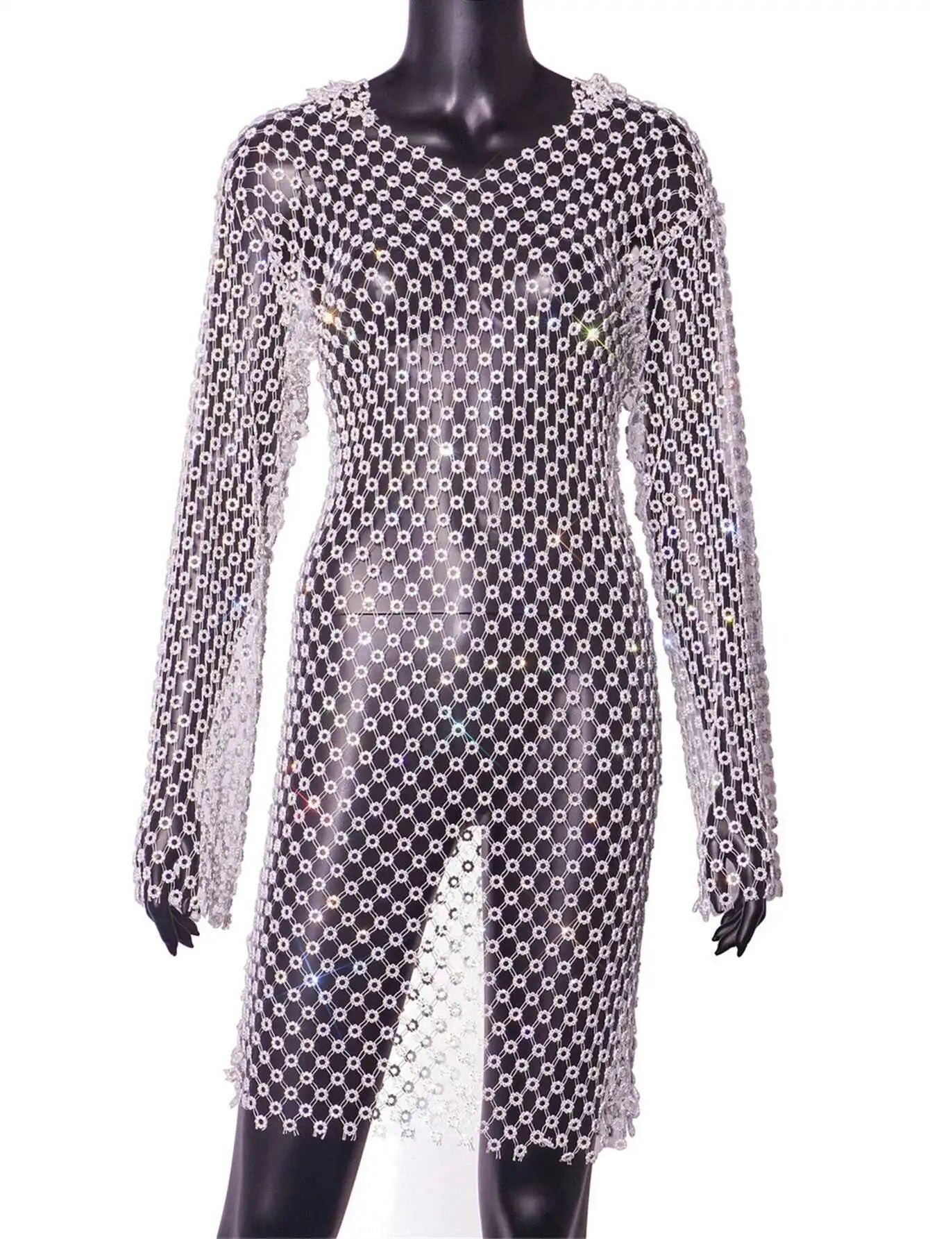 Sexy see through Rhinestone summer dress woman Fishnet club birthday mini dress long sleeve short dresses